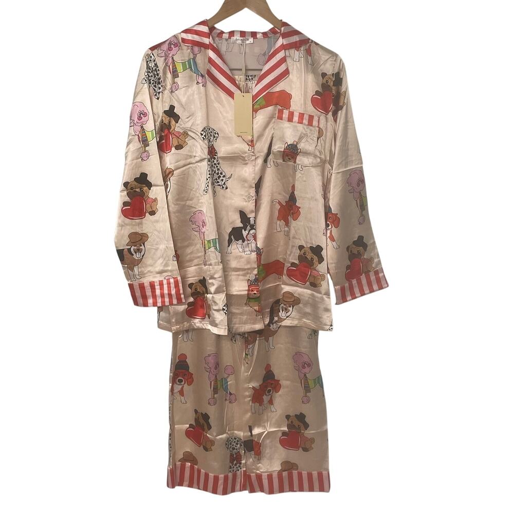 Ekouaer Pajama Set Dogs Hearts Novelty Print S NWT Pants Long Sleeve